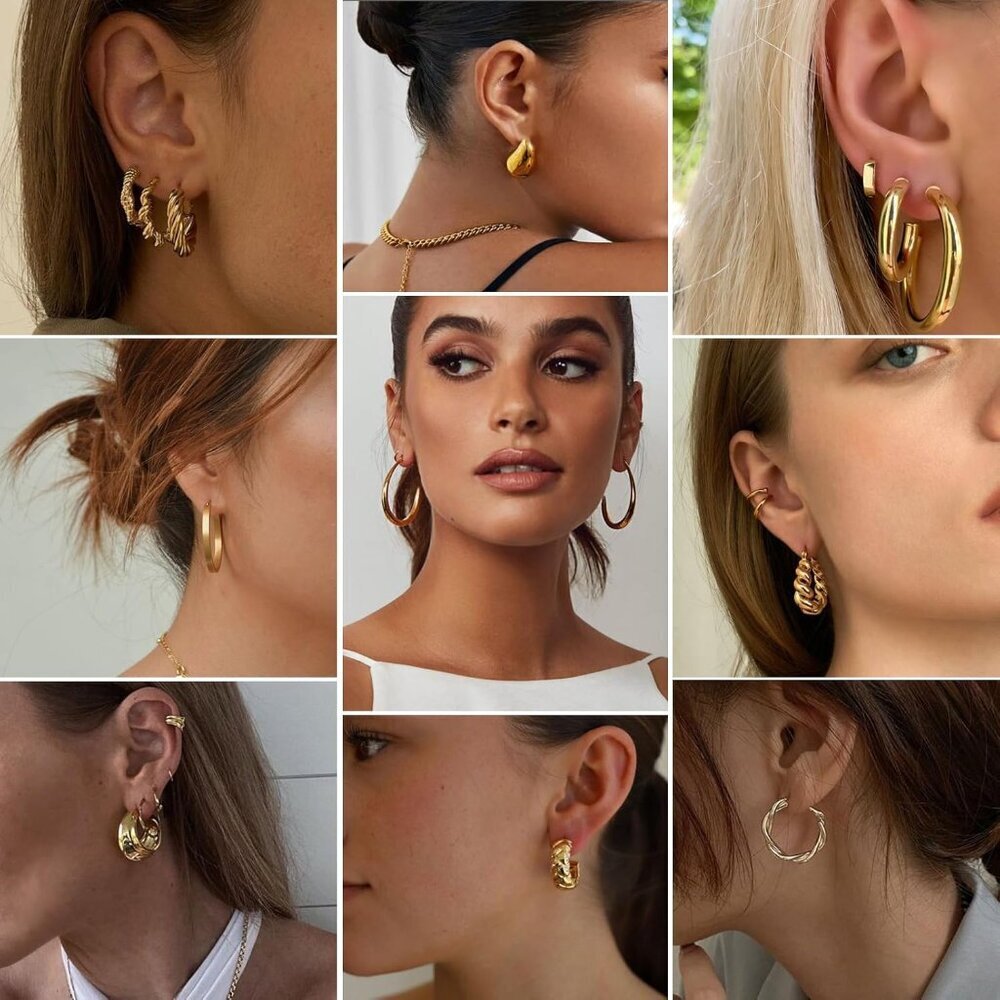 Gold Hoop Earrings Set 36 Pairs Mix of Sizes and Styles Hypoallergenic Jewelry - Picture 4 of 9